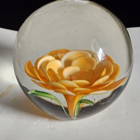 Vintage Round Orange Bloom Art Glass Sphere Paperweight - Picture 1 of 3
